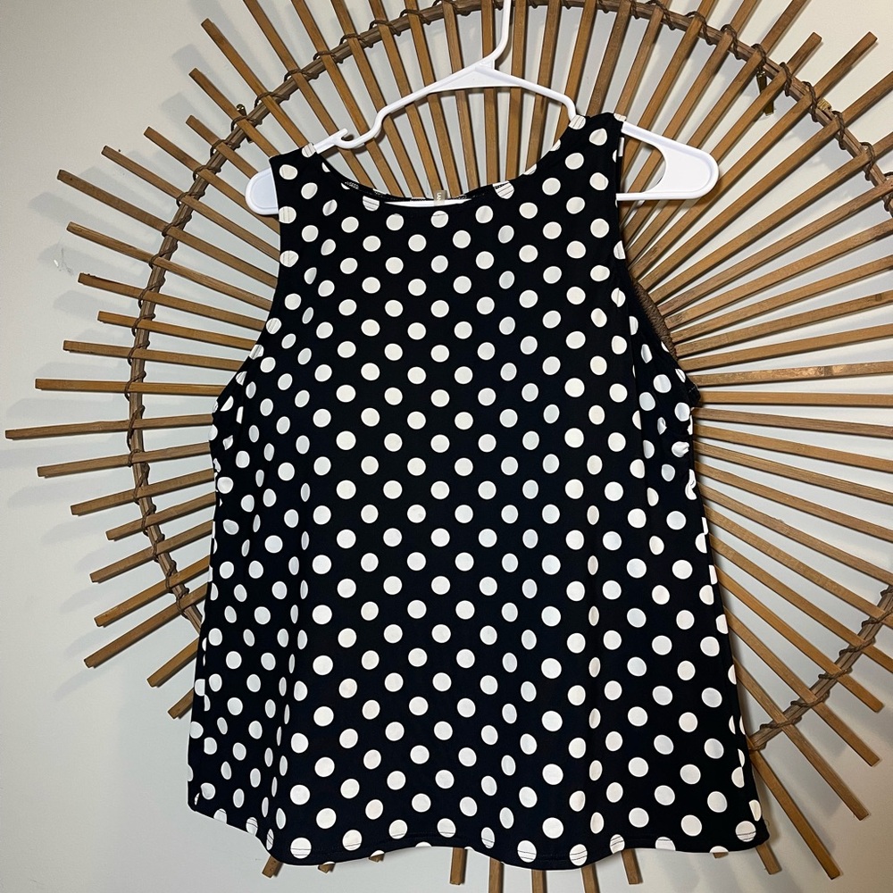 Lands End Women’s Black & White Polka Dot  High Neck Swim Tankini Top Shelf Bra